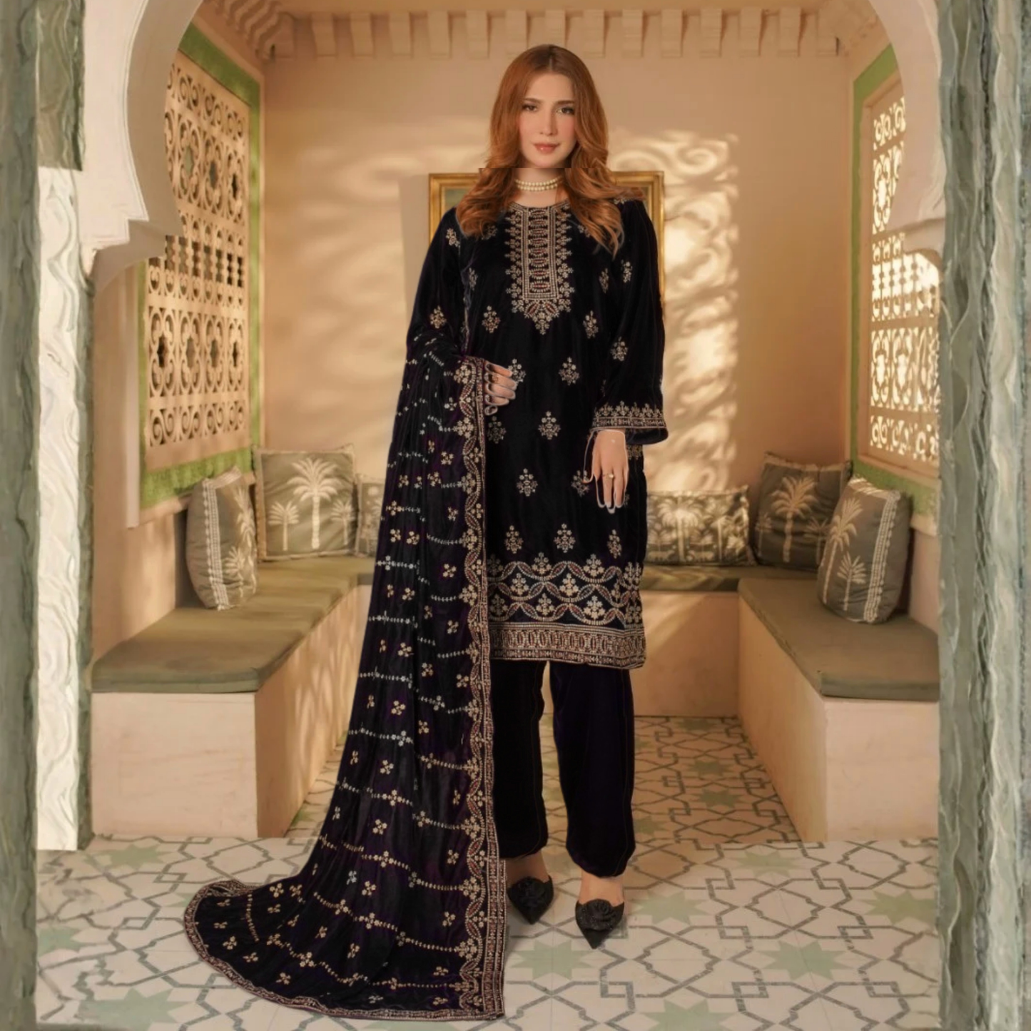 UA-127 Luxury Embroidered Velvet Collection Pakistani Festive Partywear Dress by Umnaa