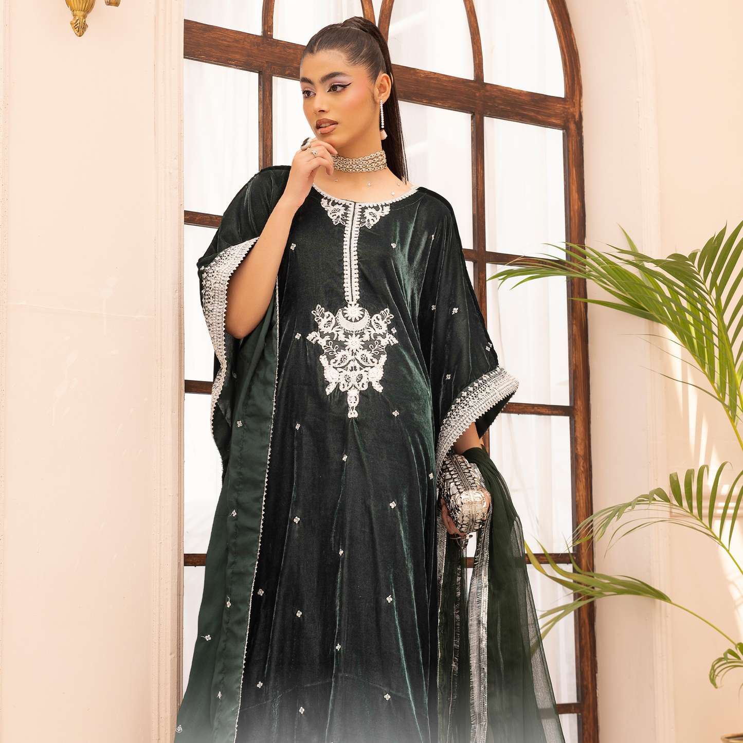 UMS-39 Zayna by Simrans Velvet Kaftan Embroidered 3 Pc Collection Asian Clothes | Modest Wear