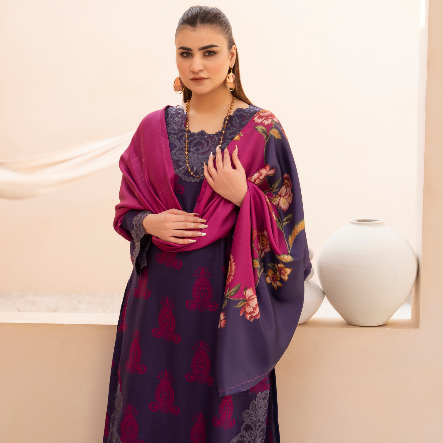 RA-24 Embroidered Printed Dhanak dress with Wool Shawl by Raniya.h