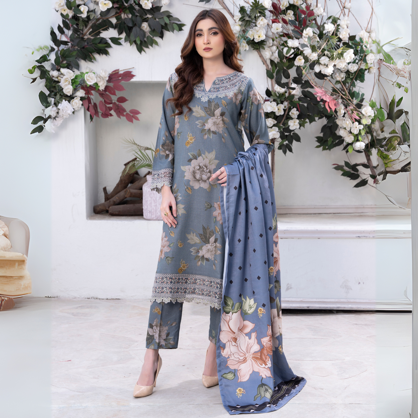 3 Pc Embroidered Printed Dress with Dhanak Wool Shawl | Winter Collection | Raniya.h | UMRAH0503
