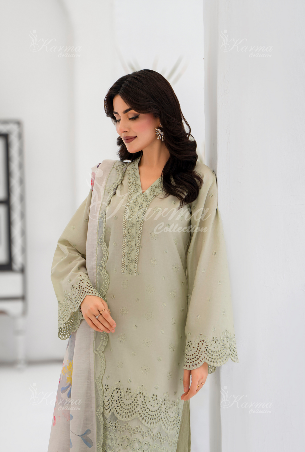KC- 1386 | Greyish Green | 3 Pc | Chikenkari Cotton Lawn | Karma Collection