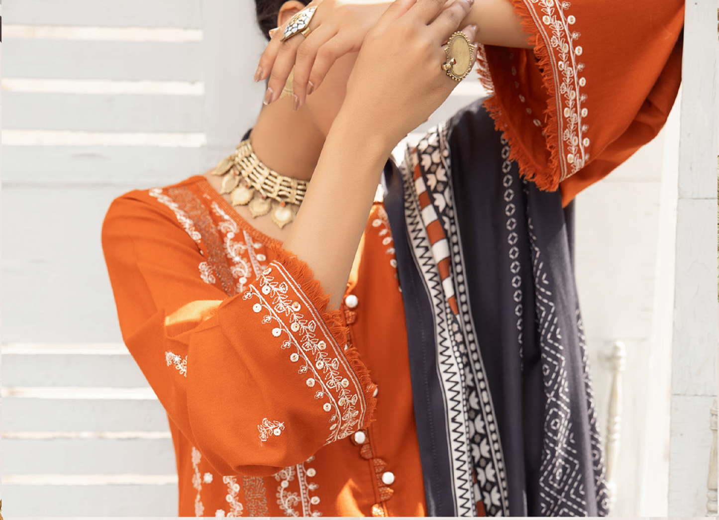 3-Piece Embroidered Dhanak Dress with Pashmina Silk Shawl