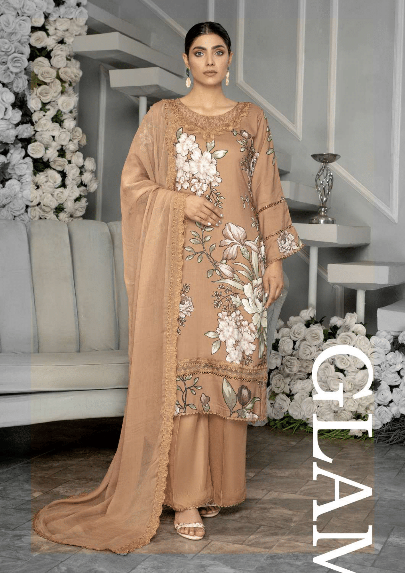 Brown Sugar 3 Piece Linen Suit-Embroidered (Simrans)