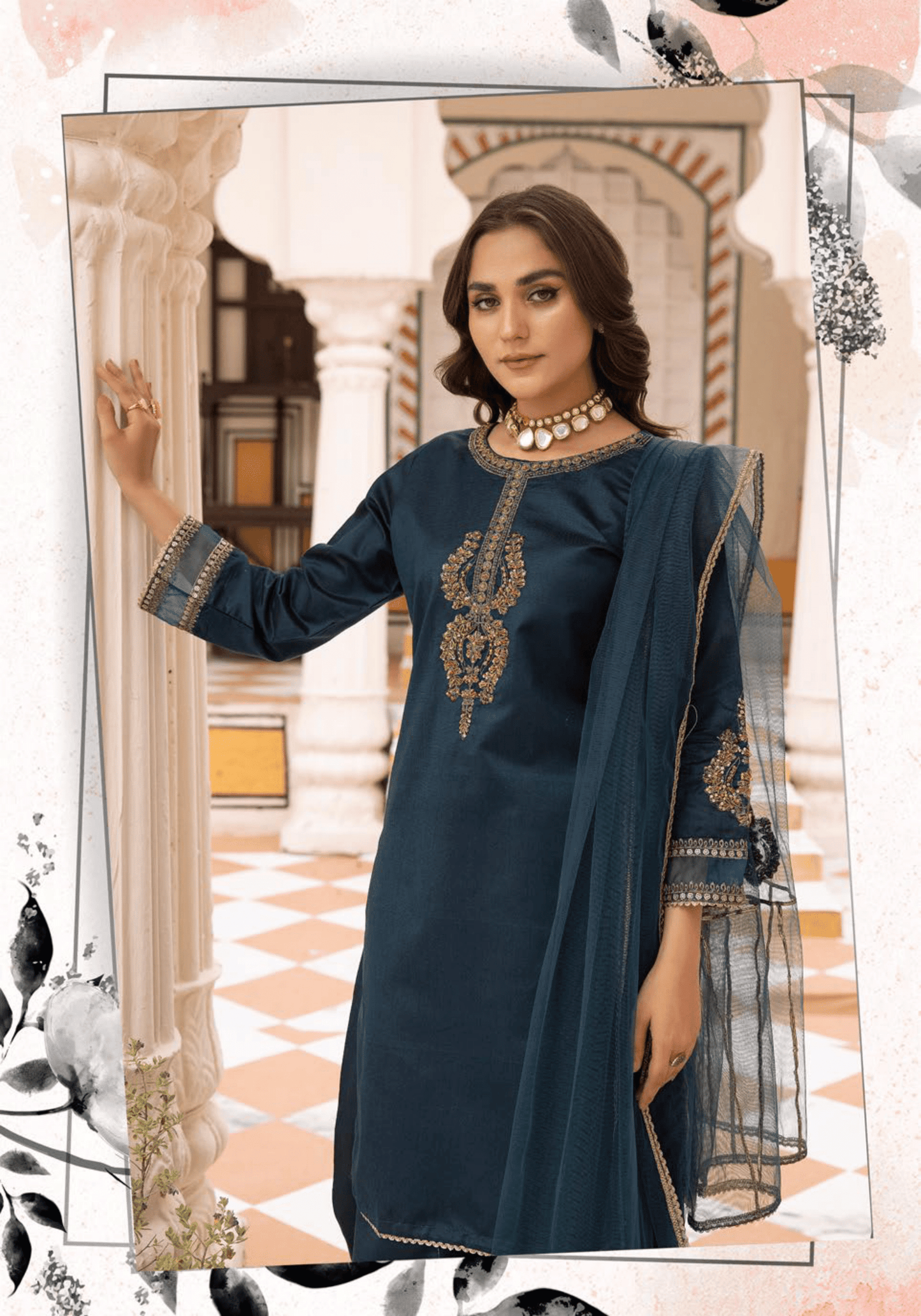 (Blue) 3 Pc "Batik Pret" Khaddi Silk Collection by Simrans