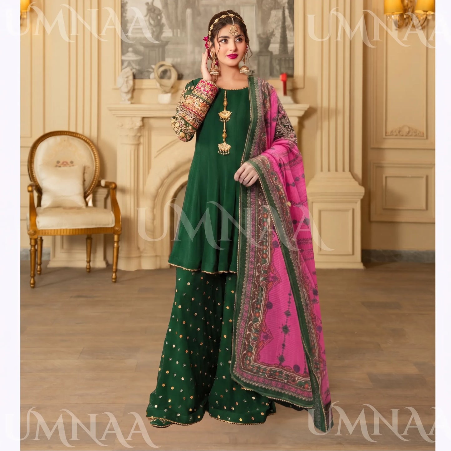 UA-166 Embroidered Chiffon Viral Sharara 3-Piece Collection by Umnaa