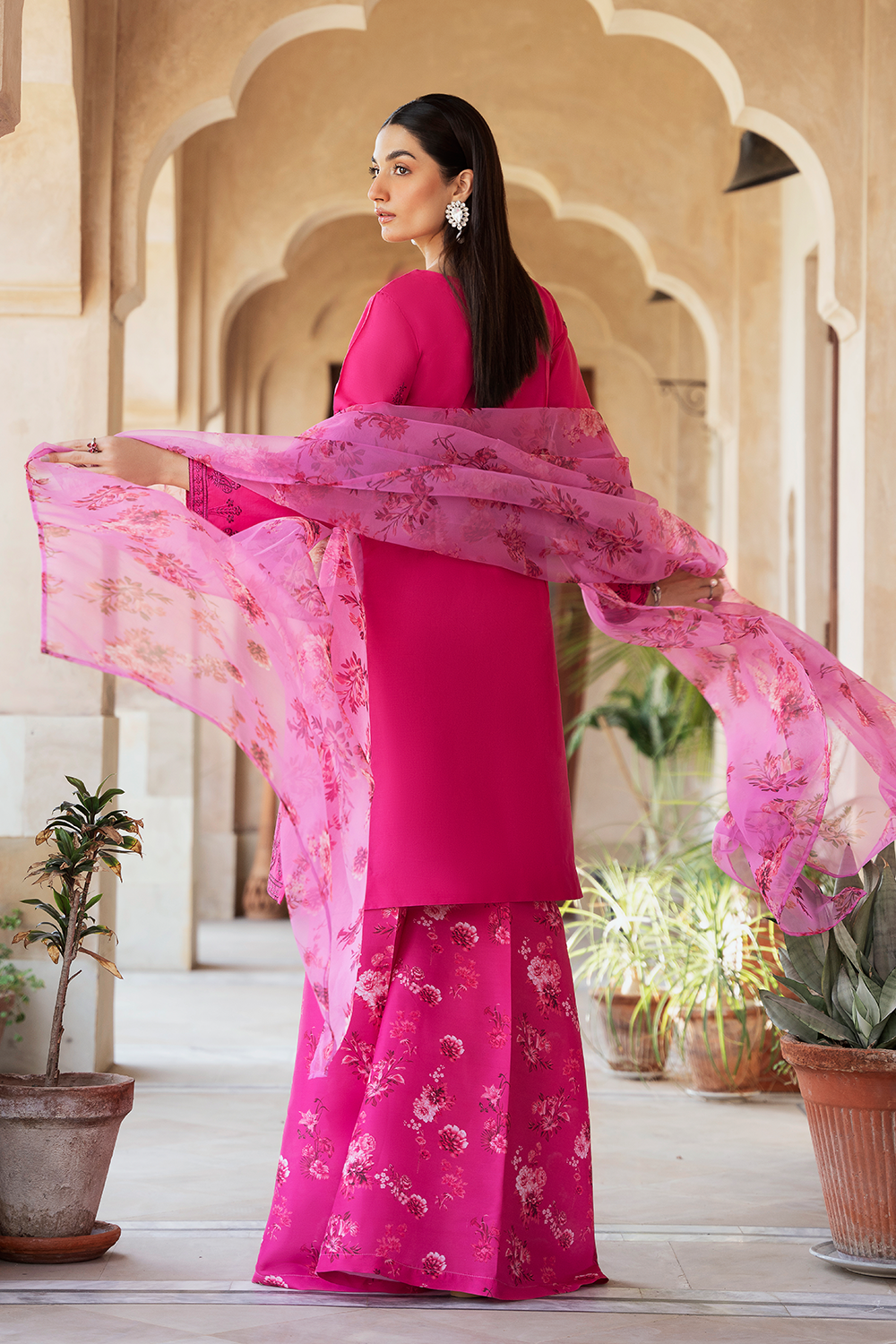 Hot Pink Embroidered Printed Silk Lawn 3 Pc Dress By Esra Fashion