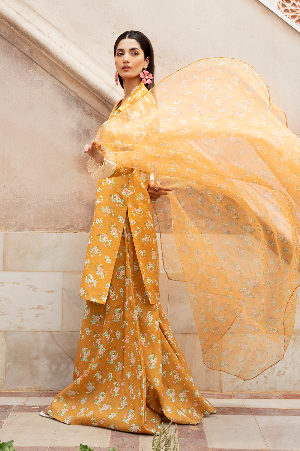 Mustard Printed Silk Lawn 3 Pc Dress By Esra Fashion