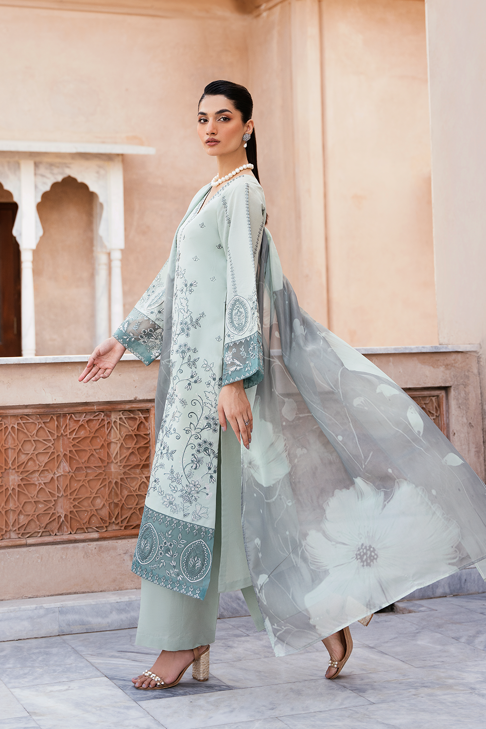 (Mint Green) "MIZAJ" Embroidered Lawn 3Pc Collection-Esra Fashion