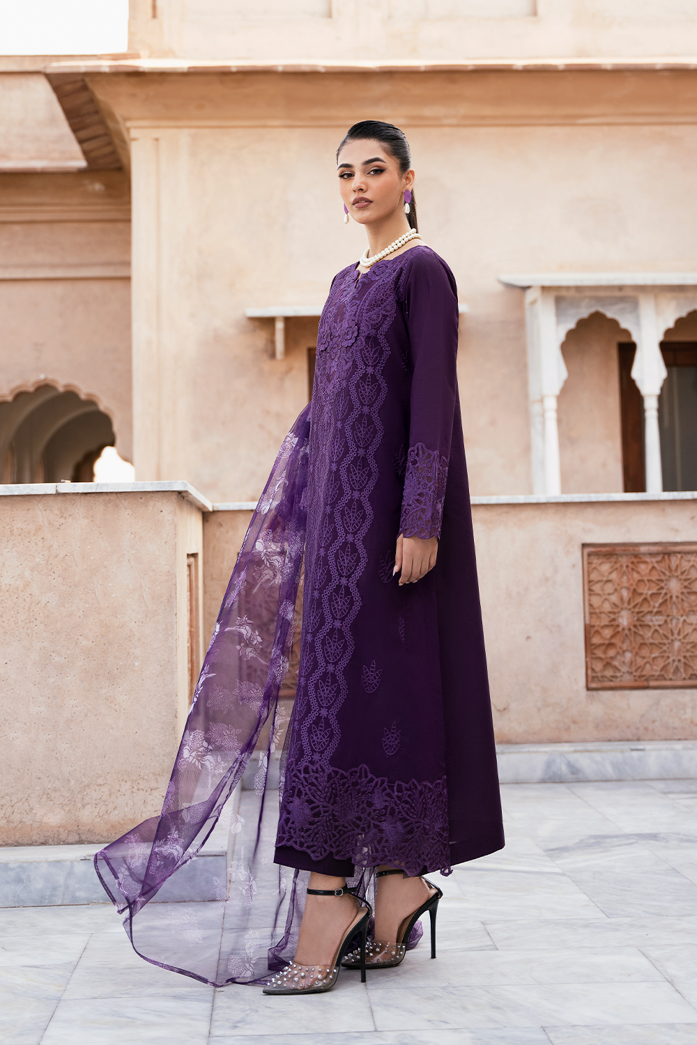 (Plum) "MIZAJ" Embroidered Lawn 3Pc Collection-Esra Fashion
