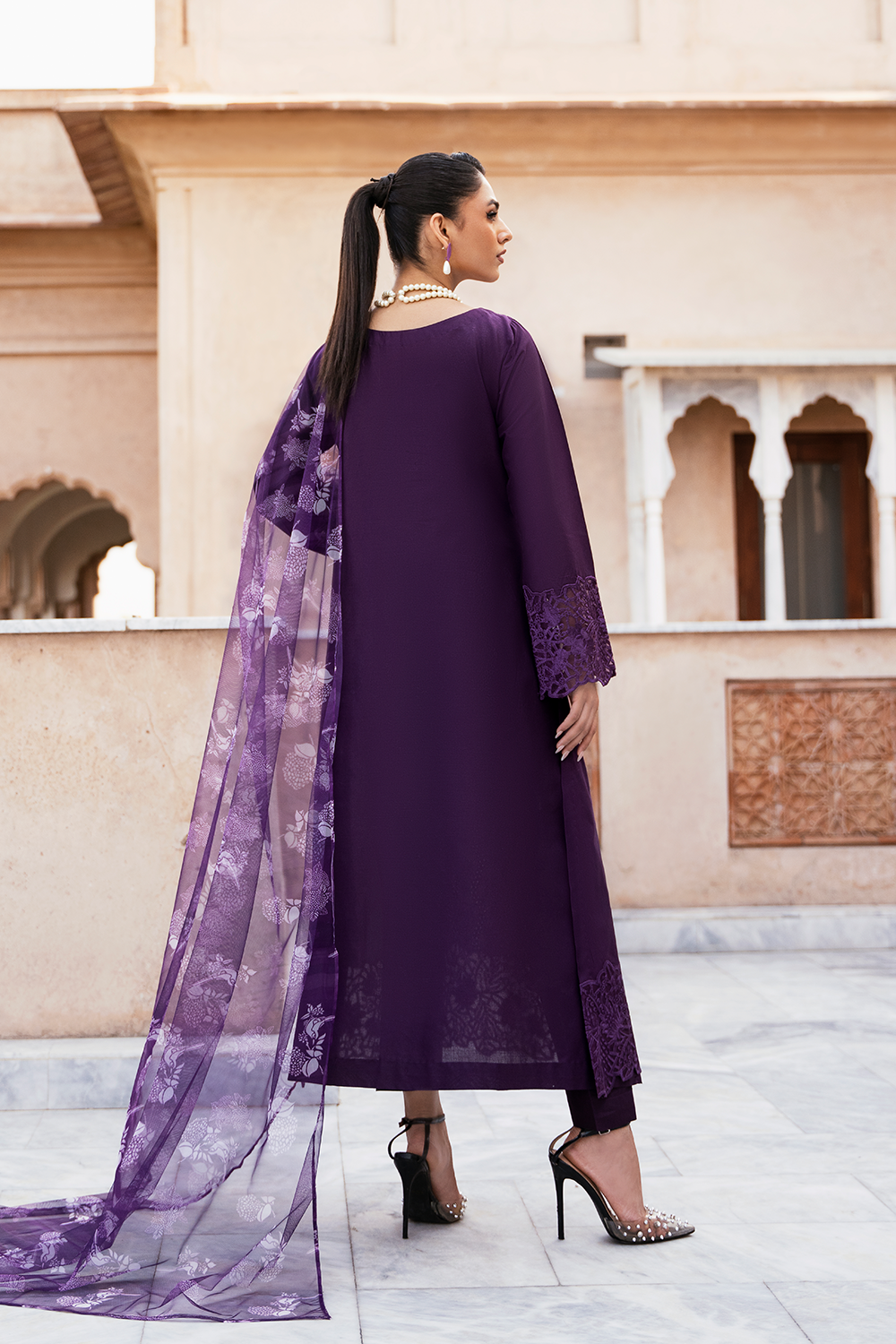 (Plum) "MIZAJ" Embroidered Lawn 3Pc Collection-Esra Fashion