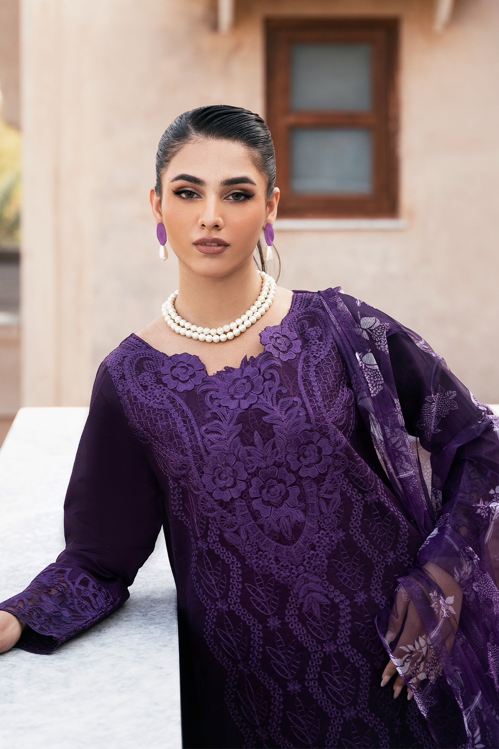 (Plum) "MIZAJ" Embroidered Lawn 3Pc Collection-Esra Fashion