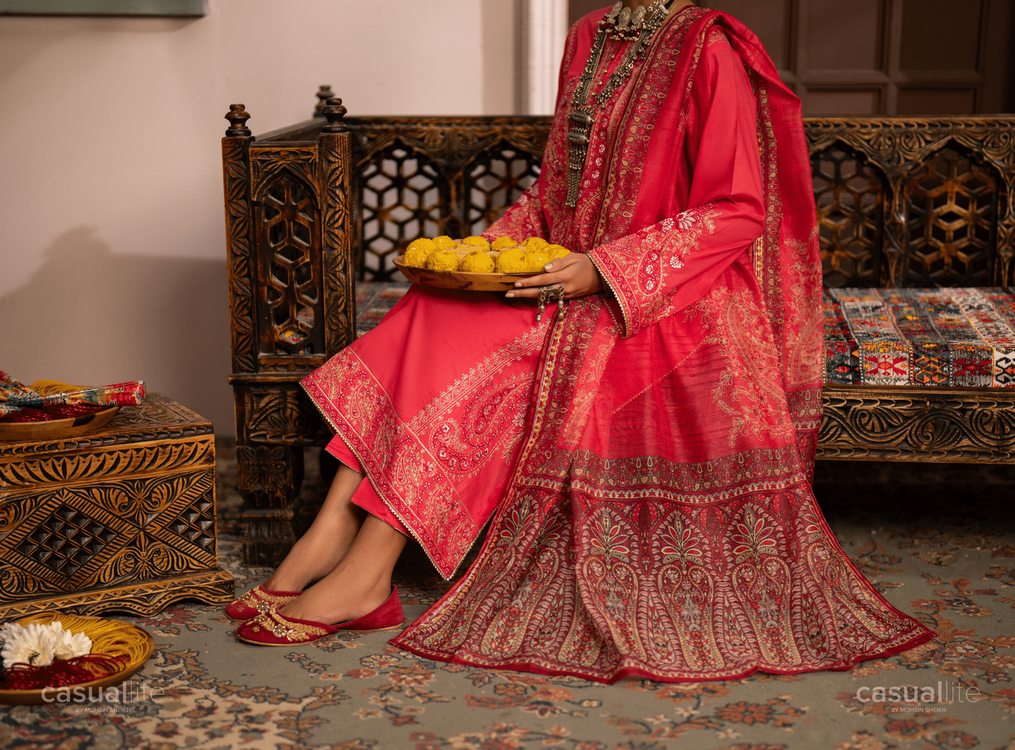 (Watermelon Pink) 3 Pc Cotton Embroidered Suit - Casuallite