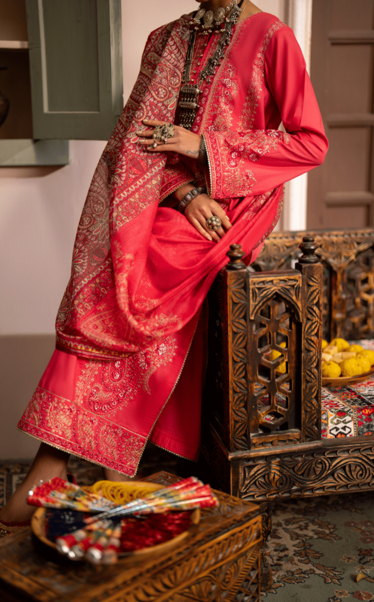 (Watermelon Pink) 3 Pc Cotton Embroidered Suit - Casuallite