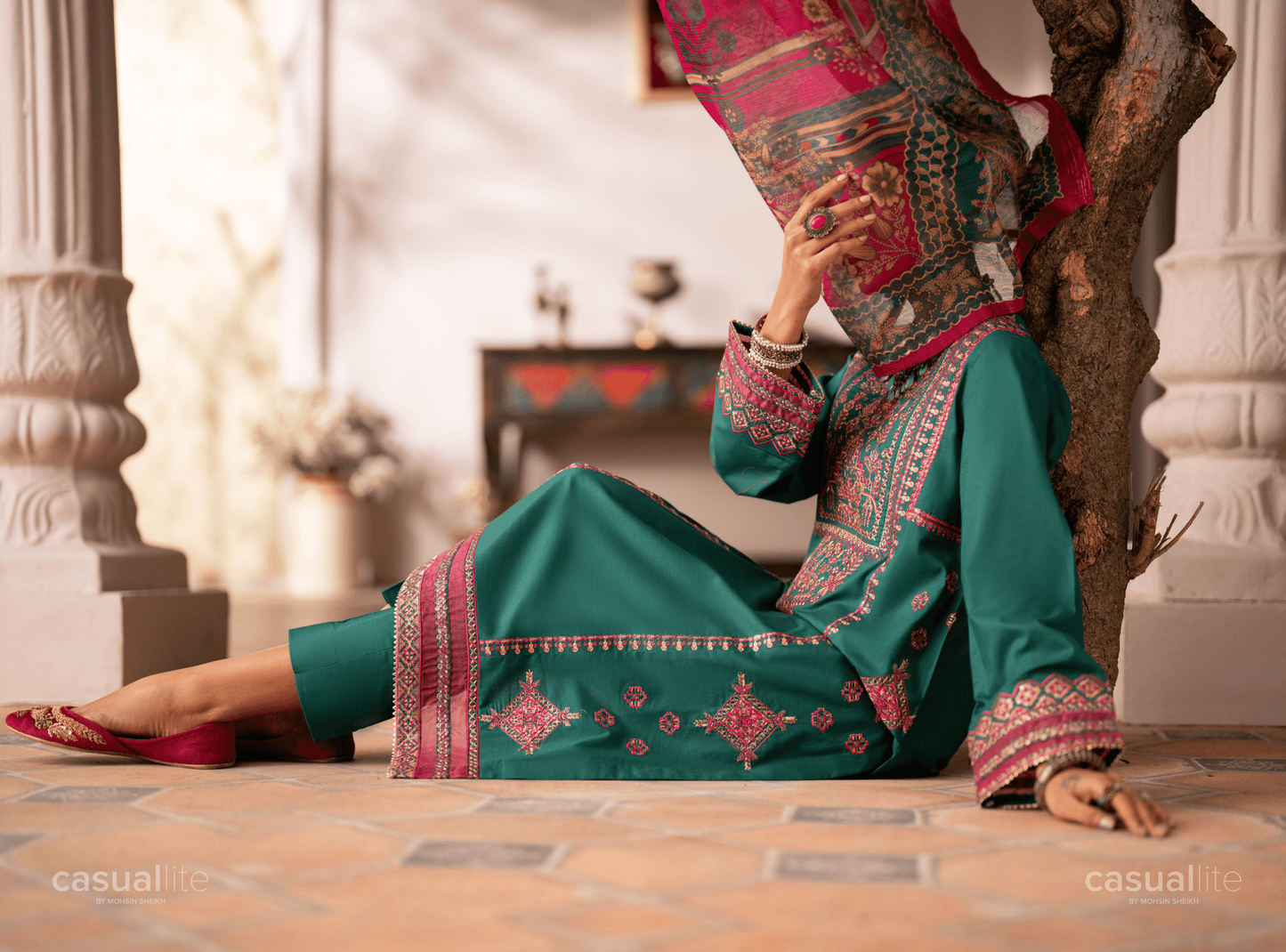 (Teal) 3 Pc Cotton Embroidered Suit - Casuallite