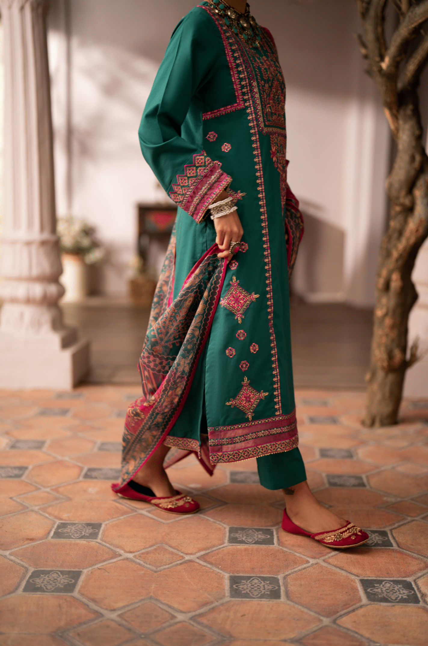 (Teal) 3 Pc Cotton Embroidered Suit - Casuallite