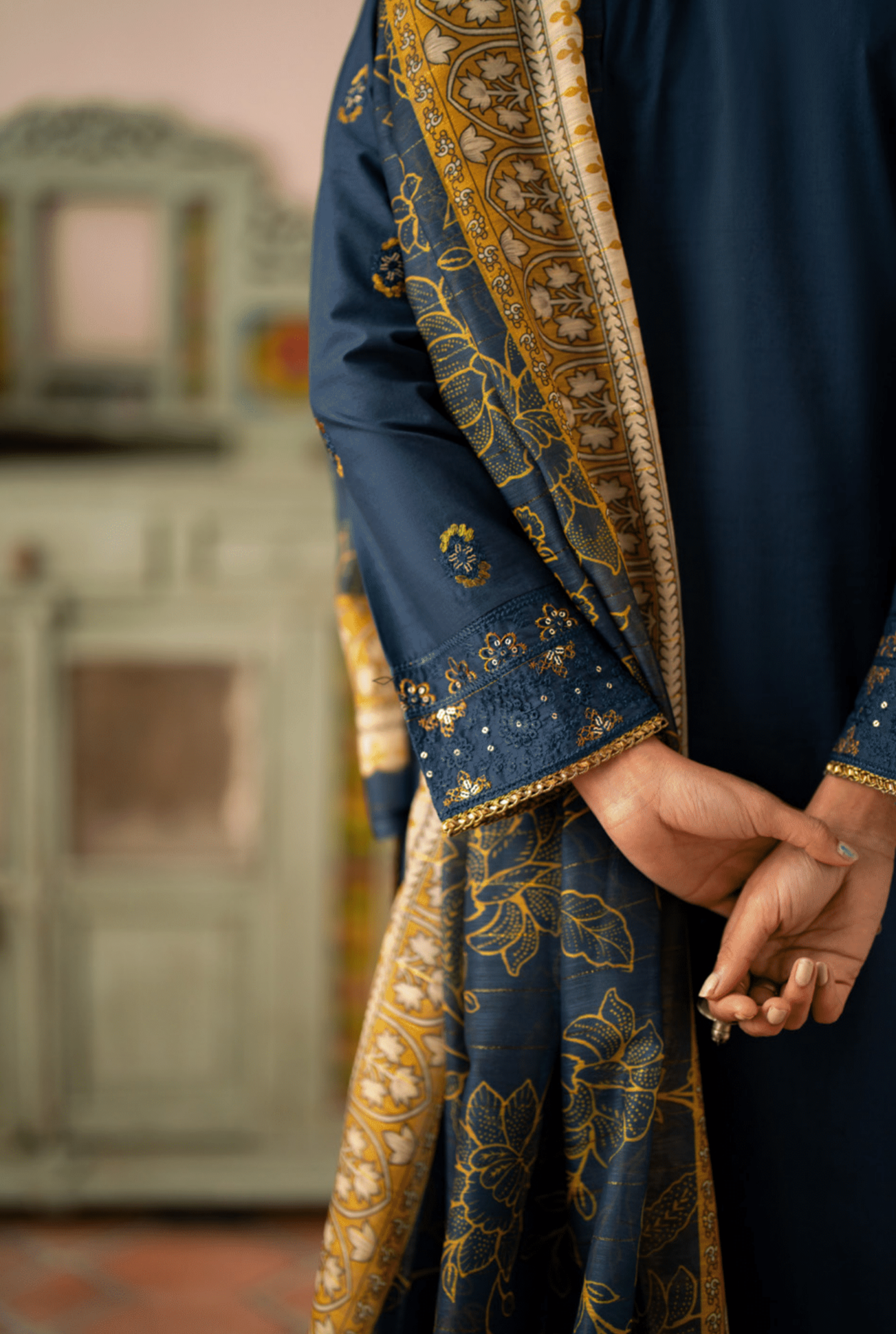 (Blue) 3 Pc Cotton Embroidered Suit - Casuallite