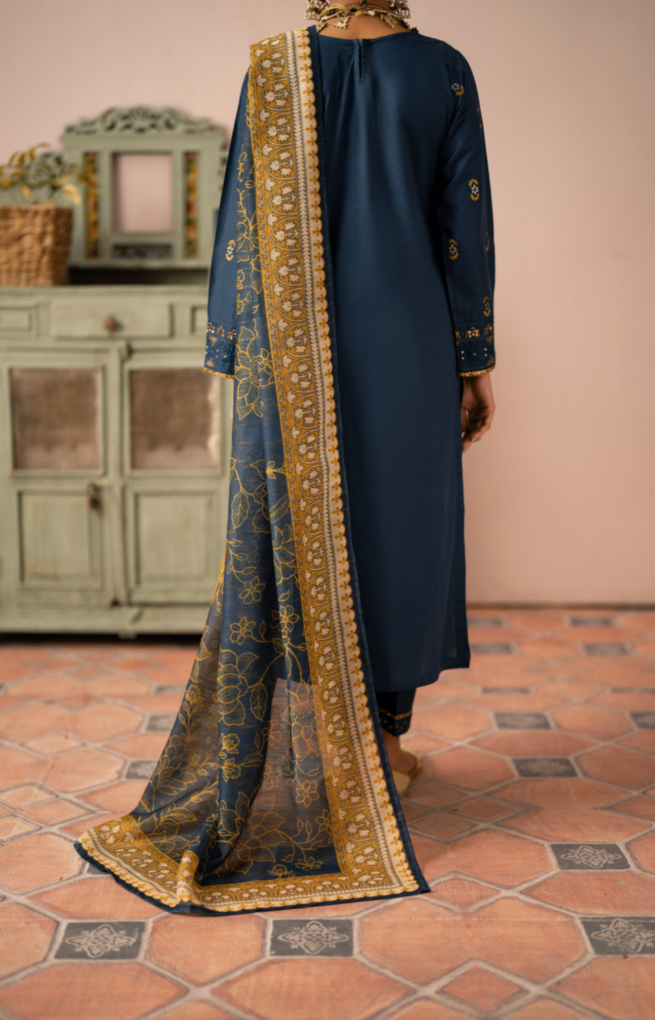 (Blue) 3 Pc Cotton Embroidered Suit - Casuallite