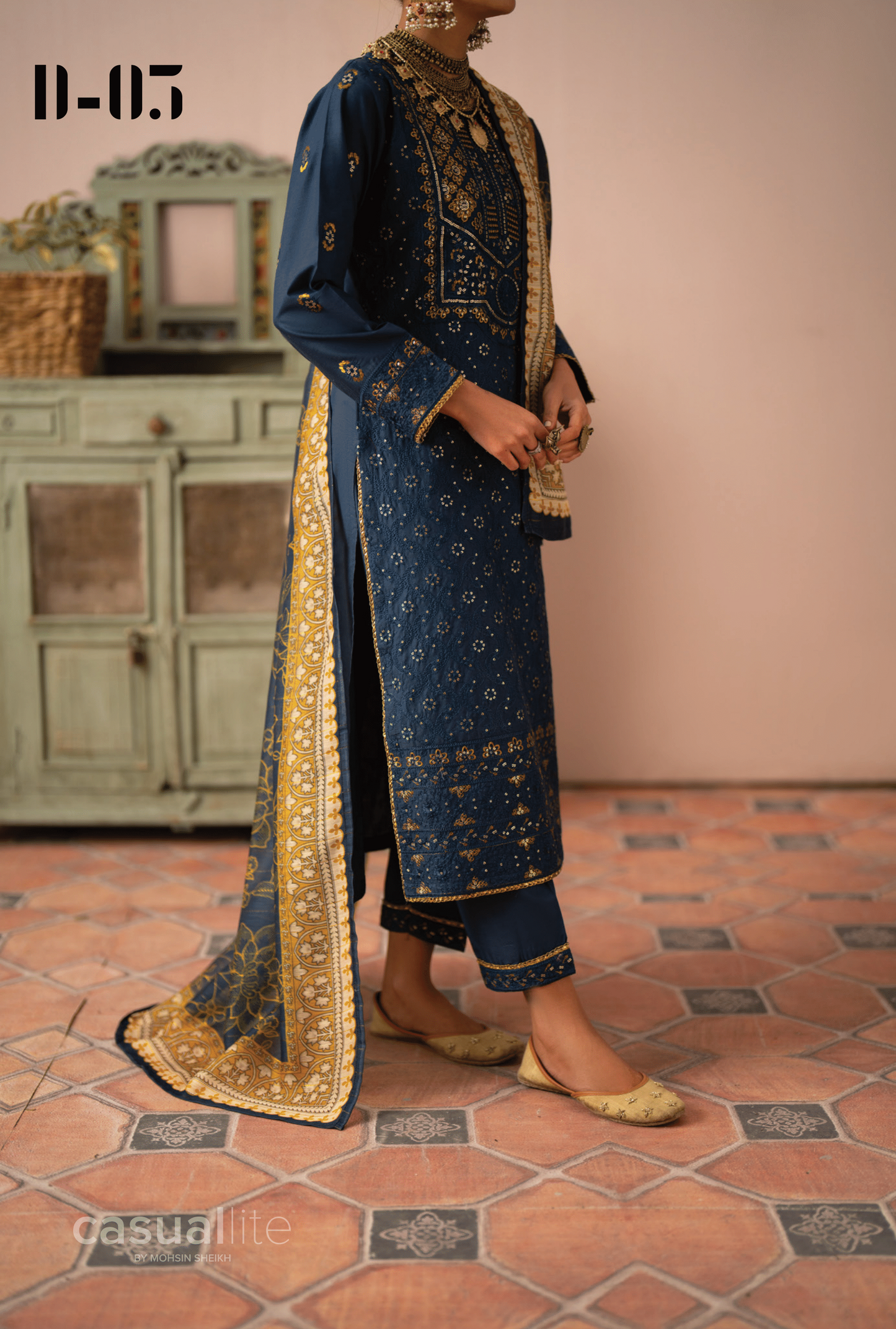 (Blue) 3 Pc Cotton Embroidered Suit - Casuallite