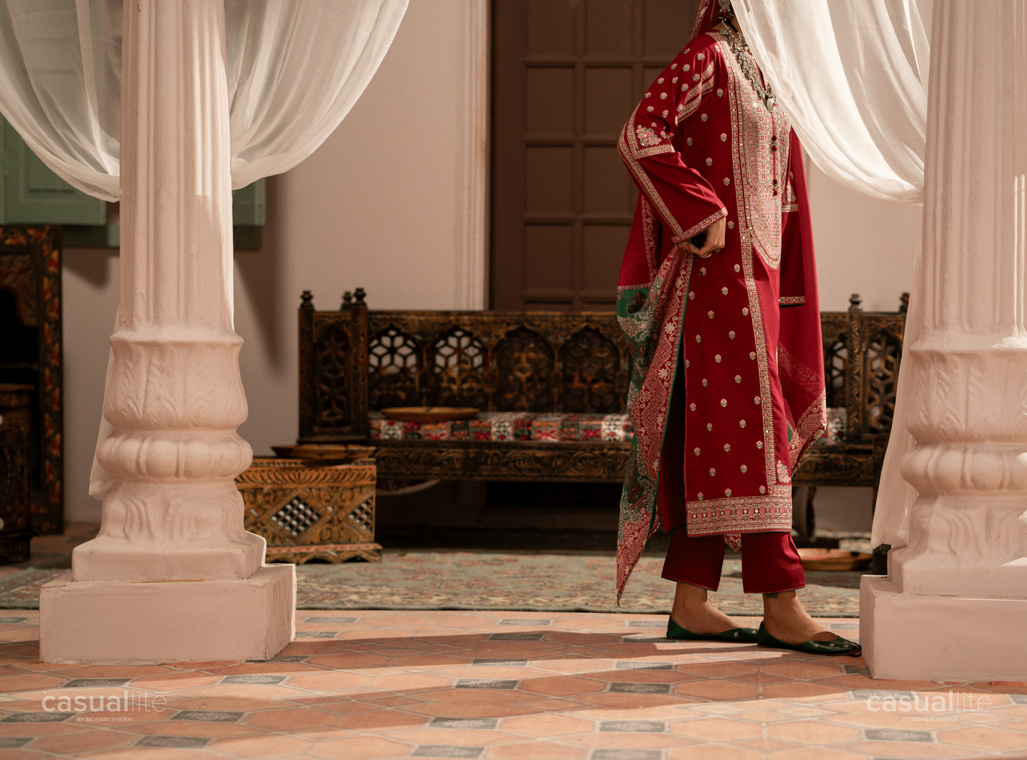 (Red) 3 Pc Cotton Embroidered Suit - Casuallite