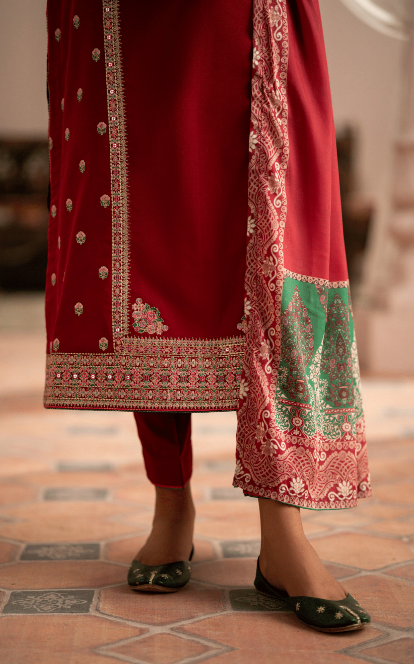 (Red) 3 Pc Cotton Embroidered Suit - Casuallite
