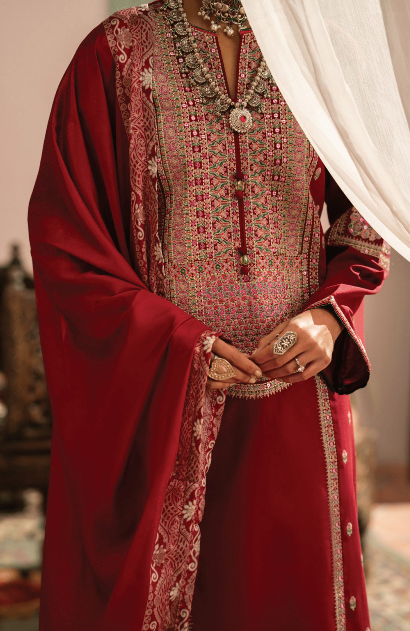 (Red) 3 Pc Cotton Embroidered Suit - Casuallite