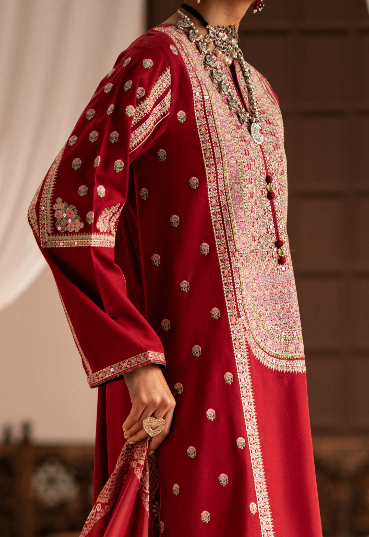 (Red) 3 Pc Cotton Embroidered Suit - Casuallite