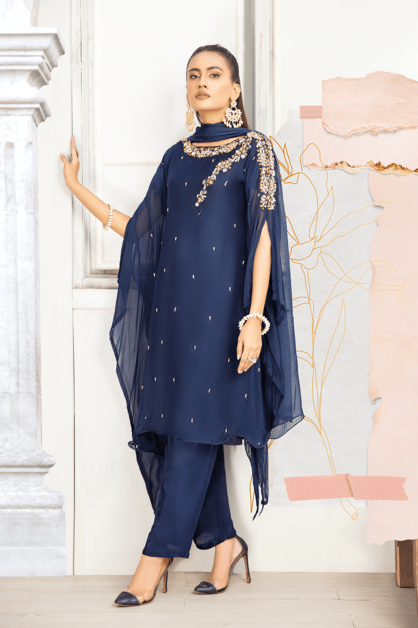 (Navy Blue) SIMRANS ‘FUSION GLAM’ | Chiffon 3PC Ready To Wear