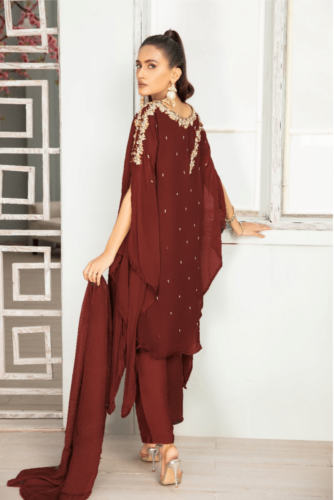 (Maroon) SIMRANS ‘FUSION GLAM’ | Chiffon 3PC Ready To Wear