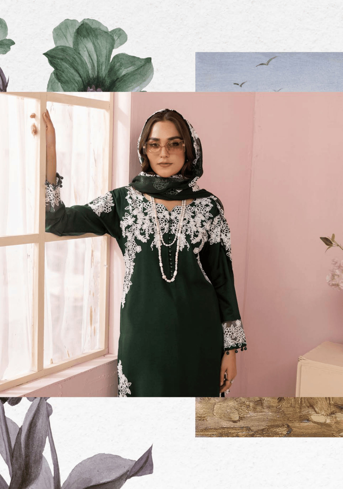 (Green) Embroidered Soft Linen 3 Pc "Glam" Dress by Simrans