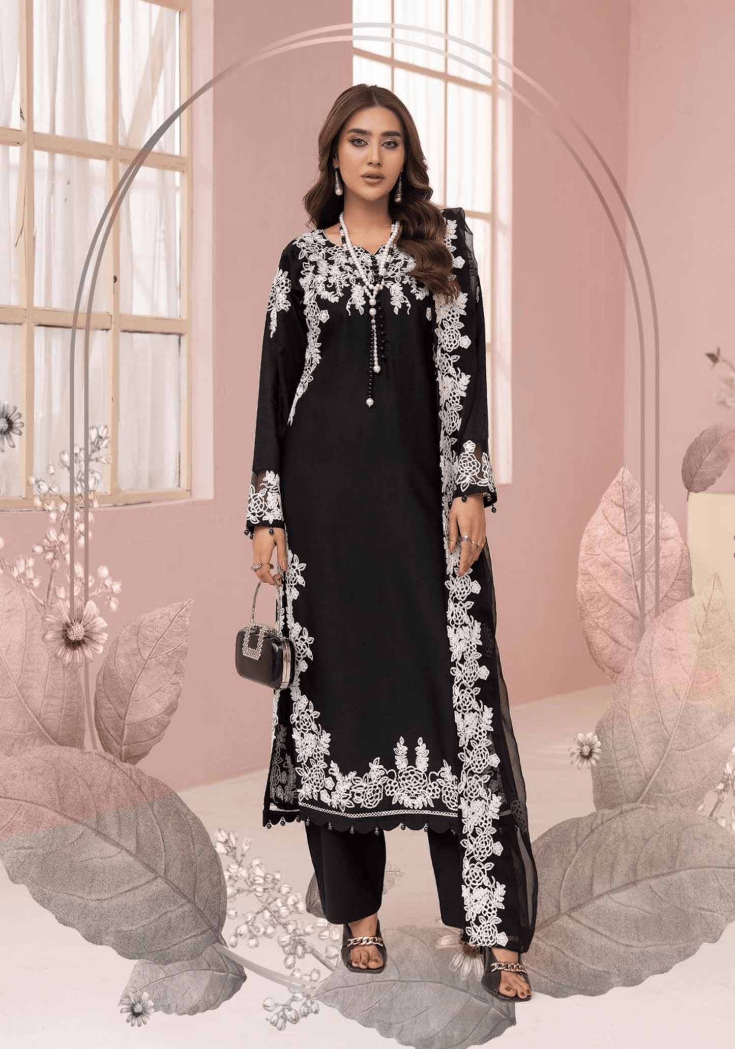(Black) Embroidered Soft Linen 3 Pc "Glam" Dress by Simrans
