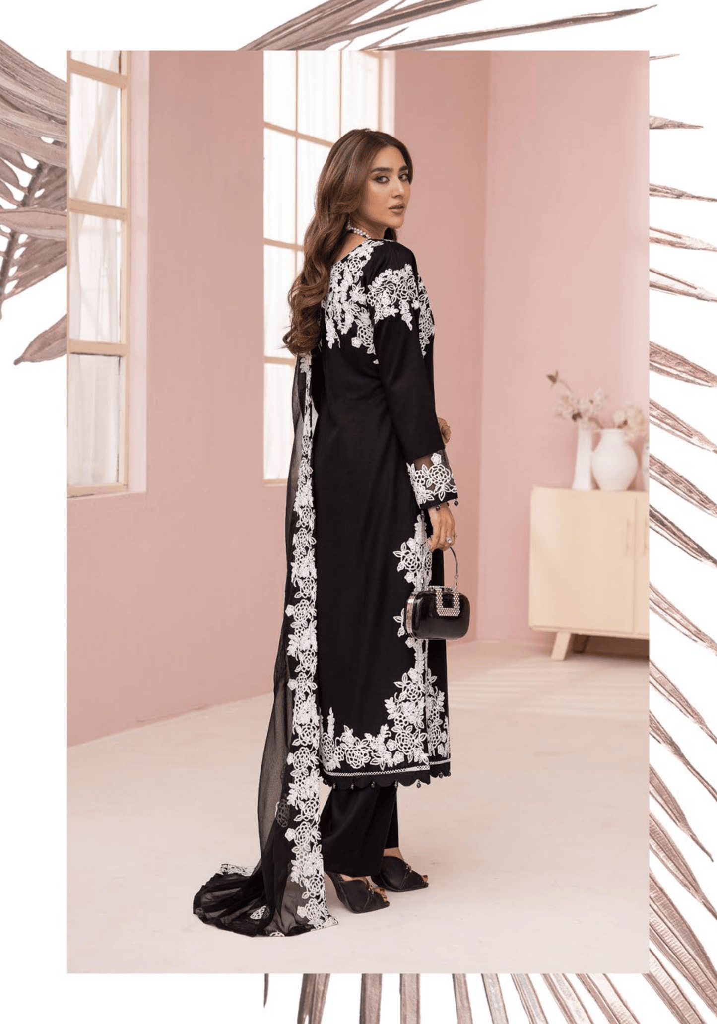(Black) Embroidered Soft Linen 3 Pc "Glam" Dress by Simrans