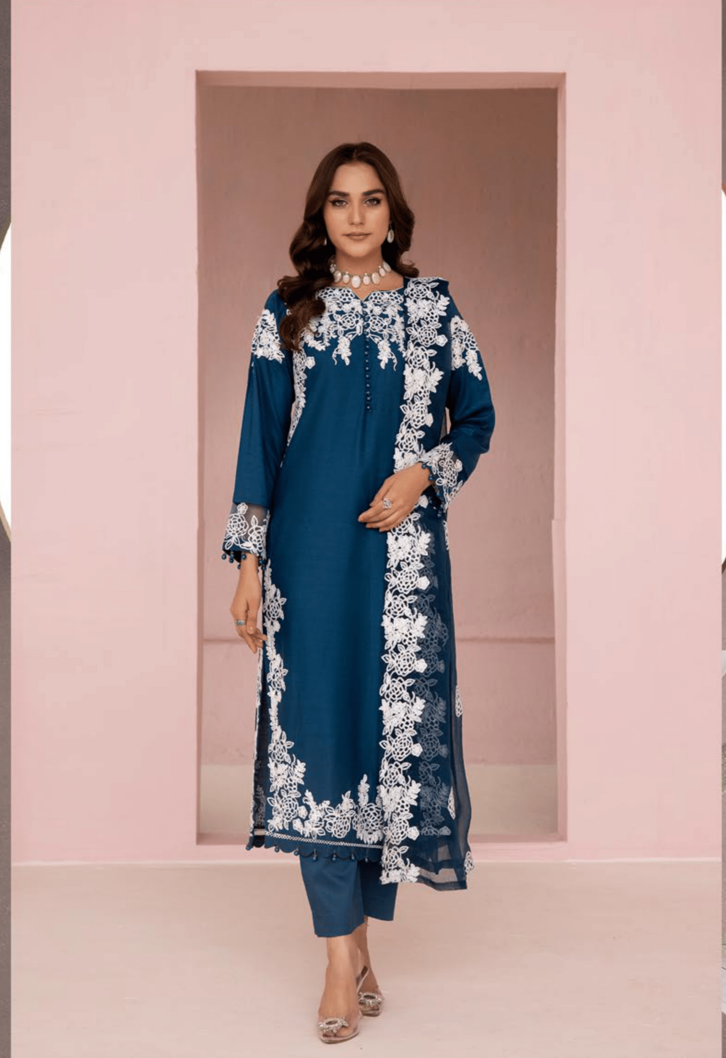 (Blue) Embroidered Soft Linen 3 Pc "Glam" Dress by Simrans