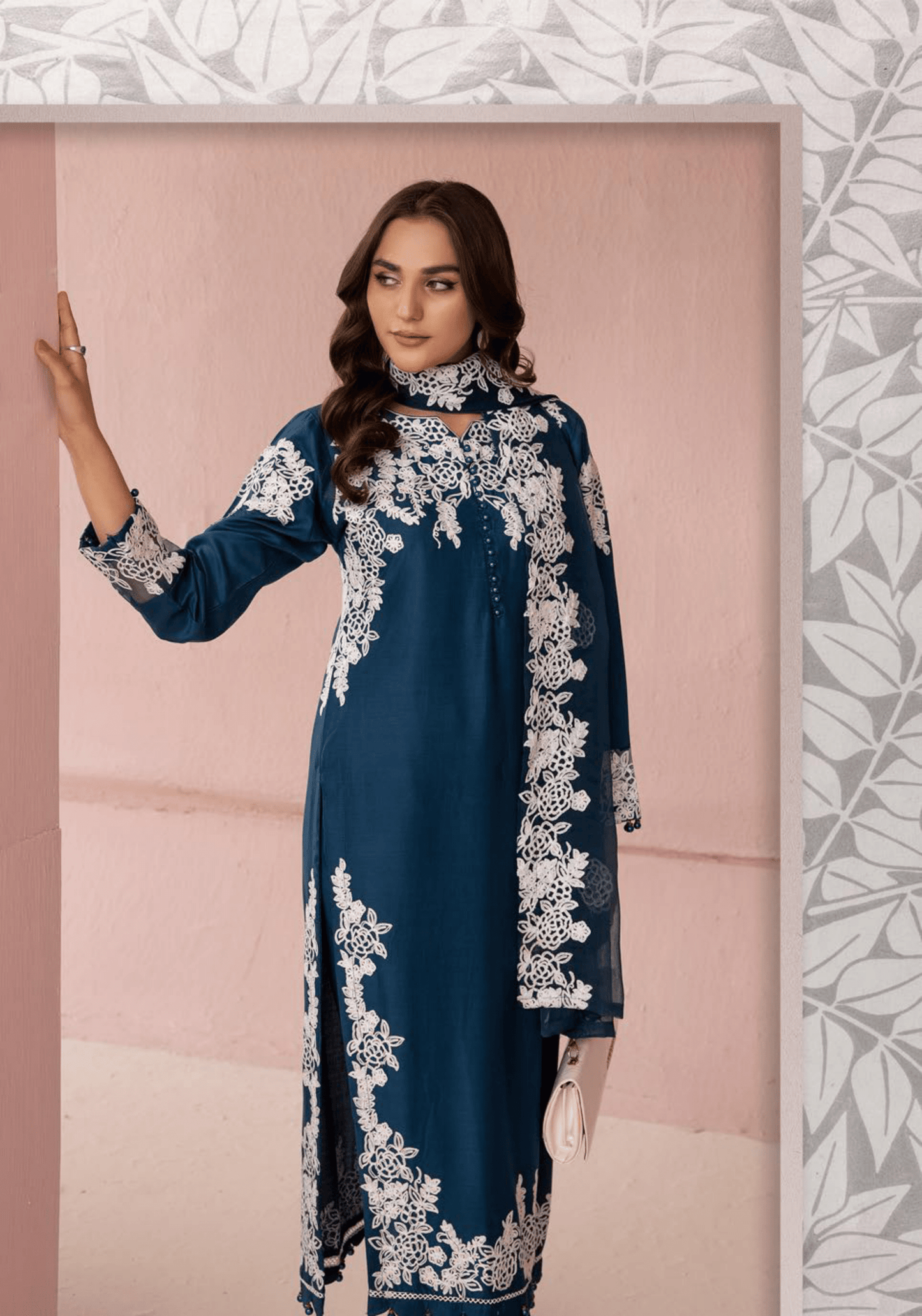(Blue) Embroidered Soft Linen 3 Pc "Glam" Dress by Simrans