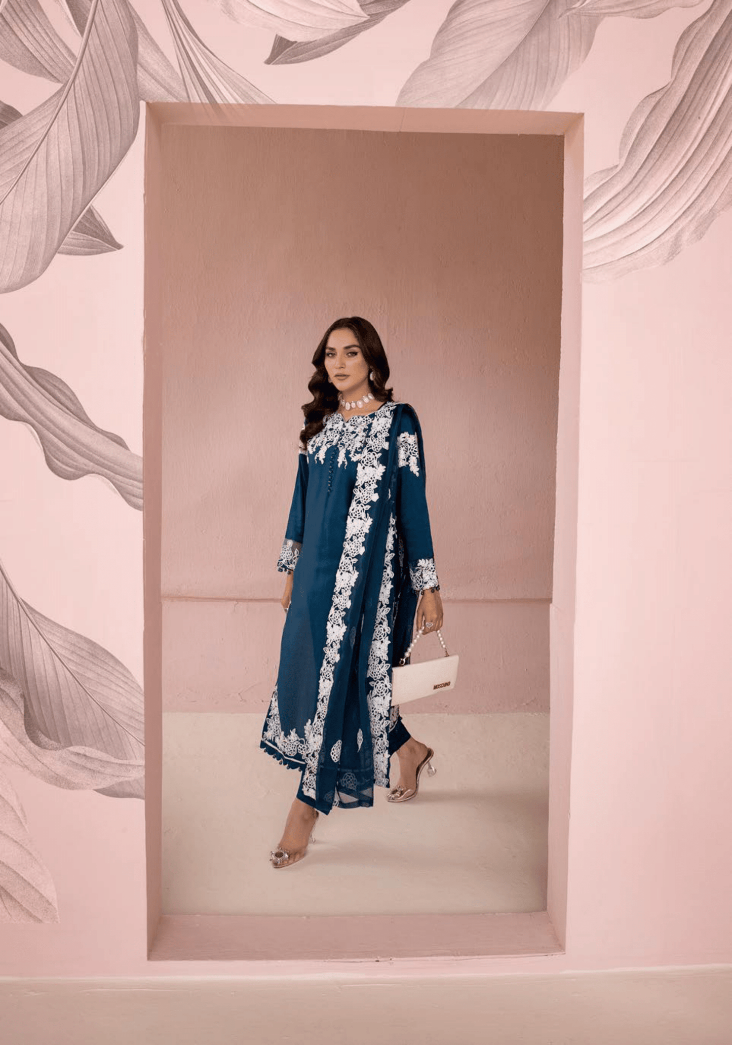 (Blue) Embroidered Soft Linen 3 Pc "Glam" Dress by Simrans
