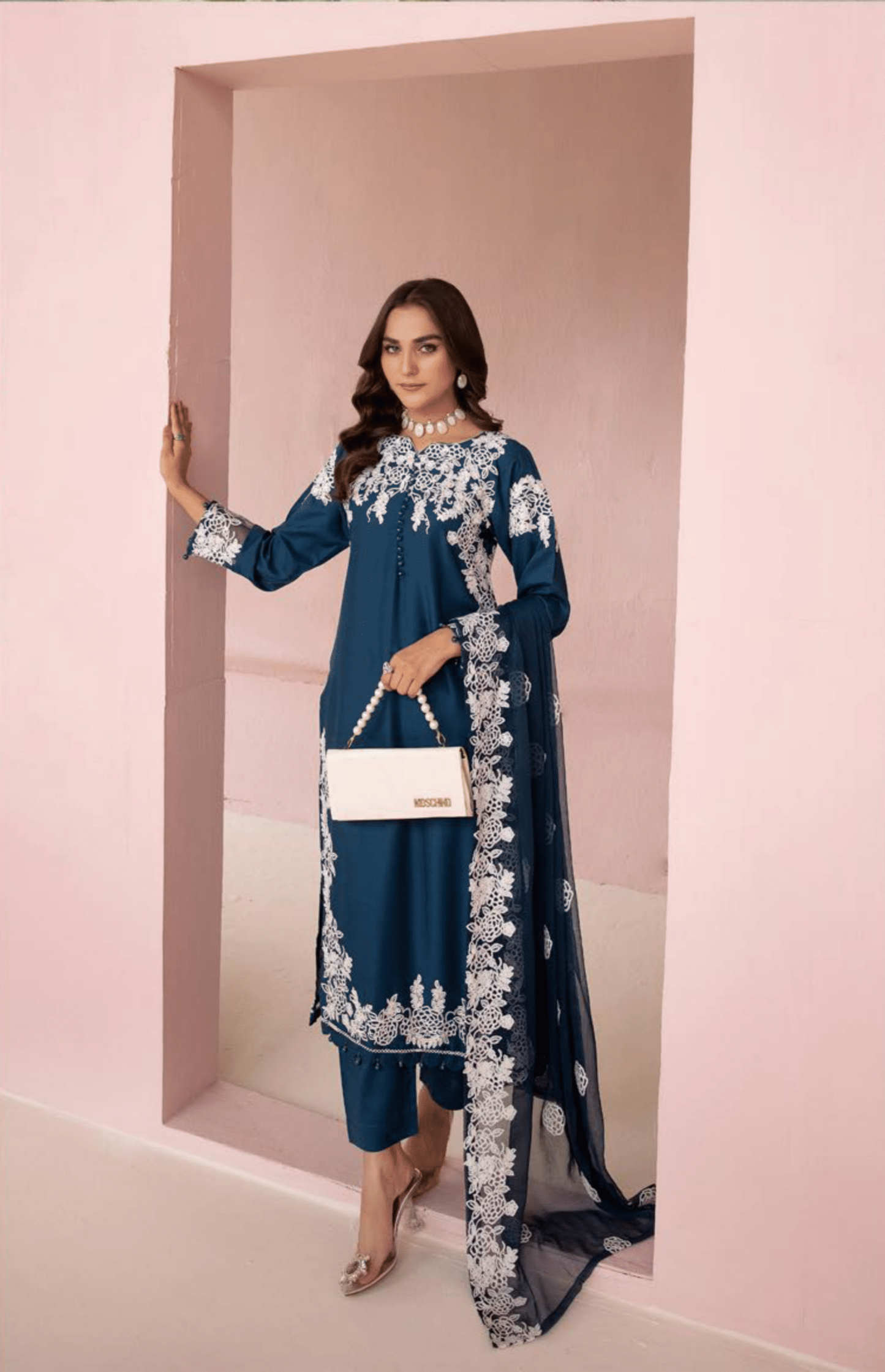 (Blue) Embroidered Soft Linen 3 Pc "Glam" Dress by Simrans