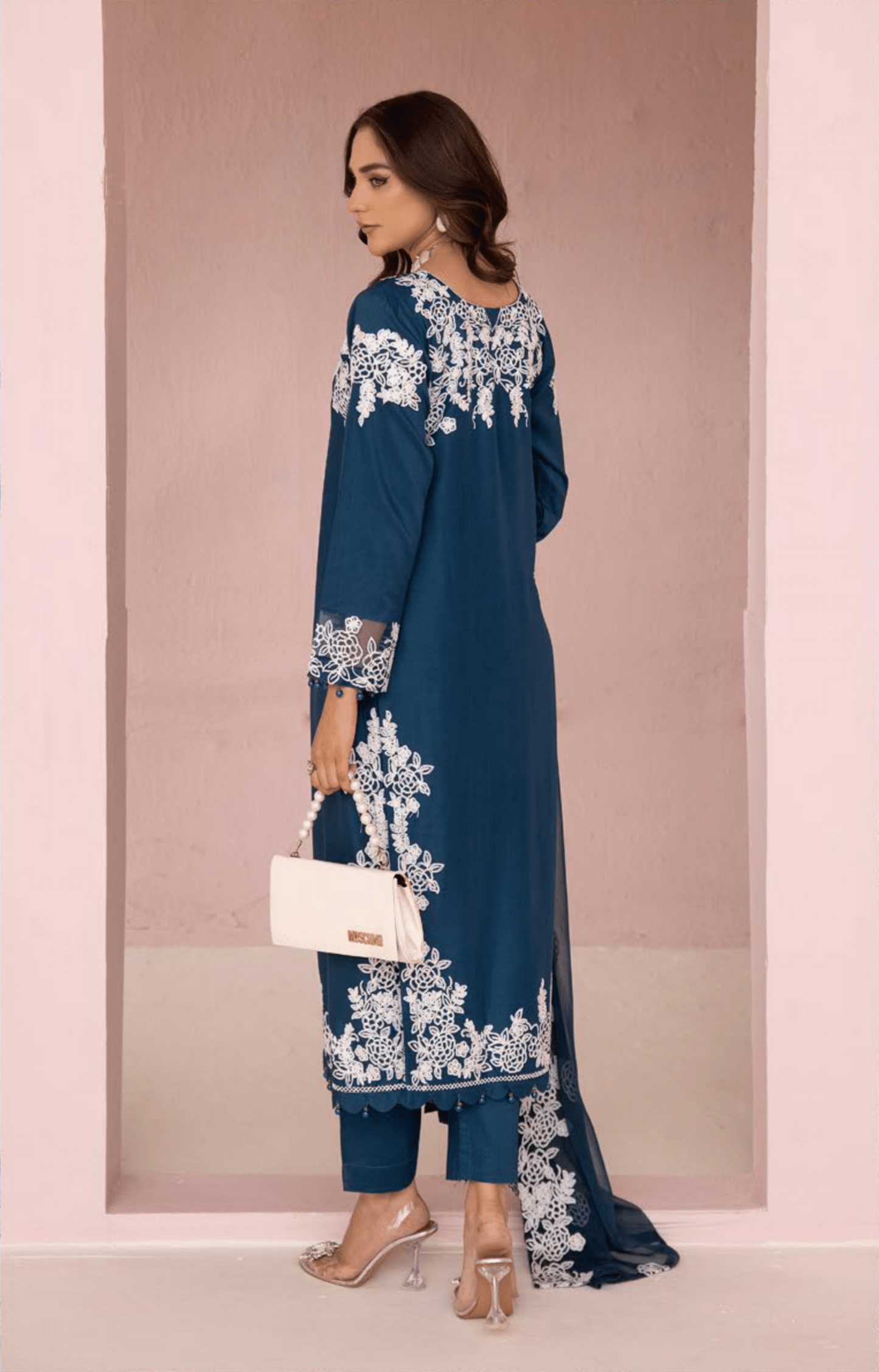 (Blue) Embroidered Soft Linen 3 Pc "Glam" Dress by Simrans