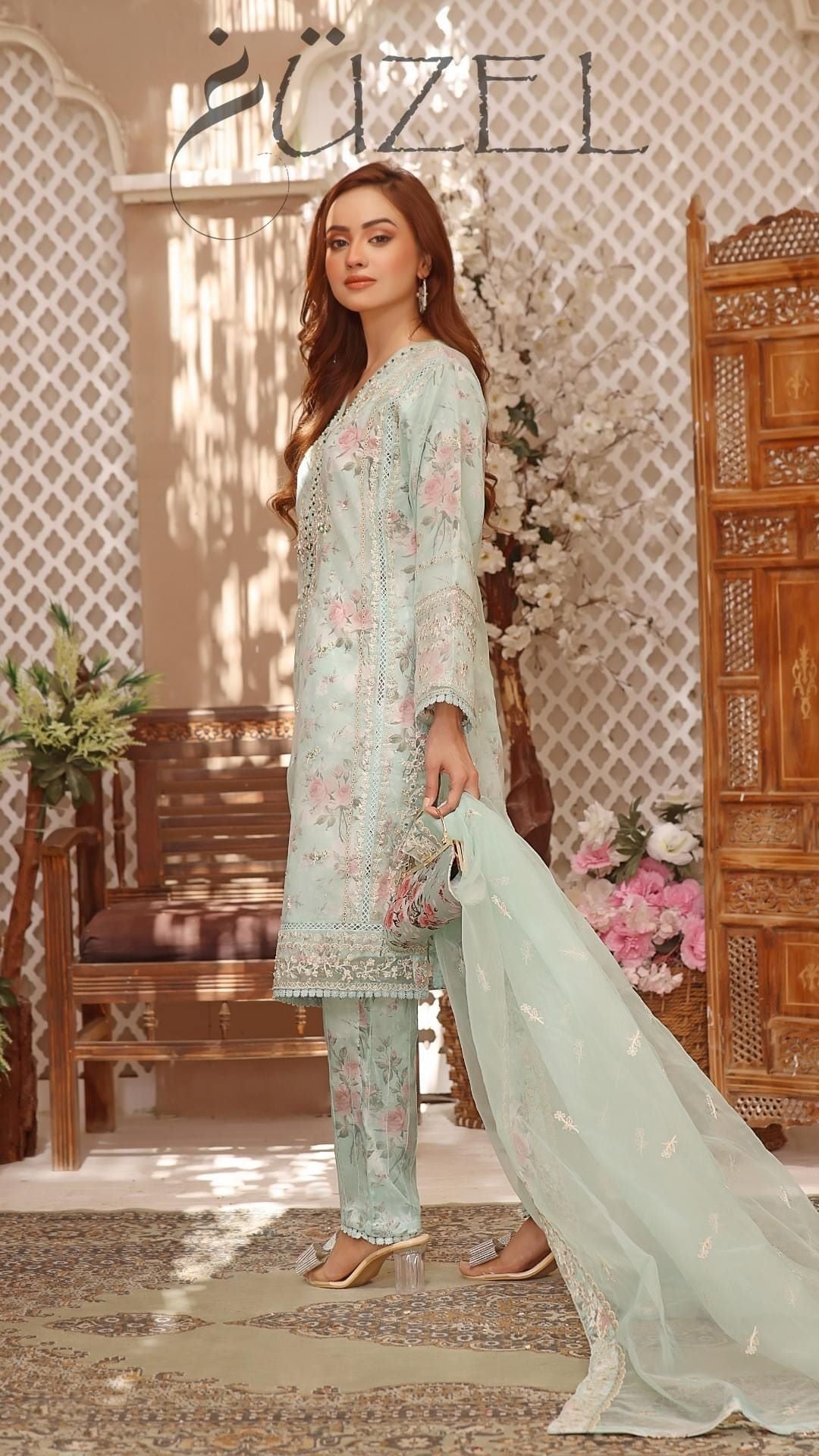 Light green hand work organza dress with clutch bag-Guzel Umnaa Light green hand work organza dress with clutch bag-Guzel Umnaa