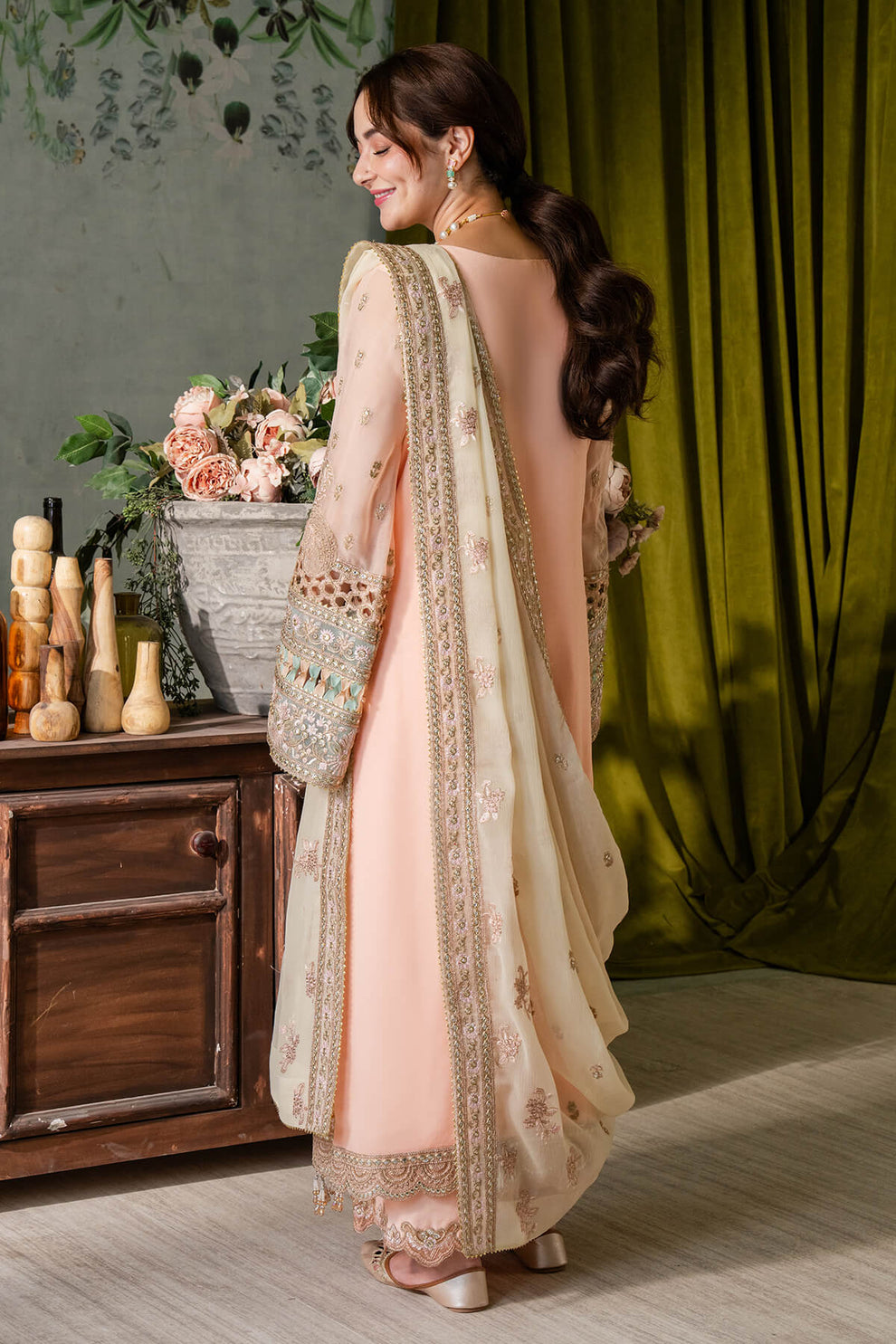 Peach & Cream | Embroidered Chiffon | Luxury Pret | 3 Pc | Ready to Wear | IMROZIA
