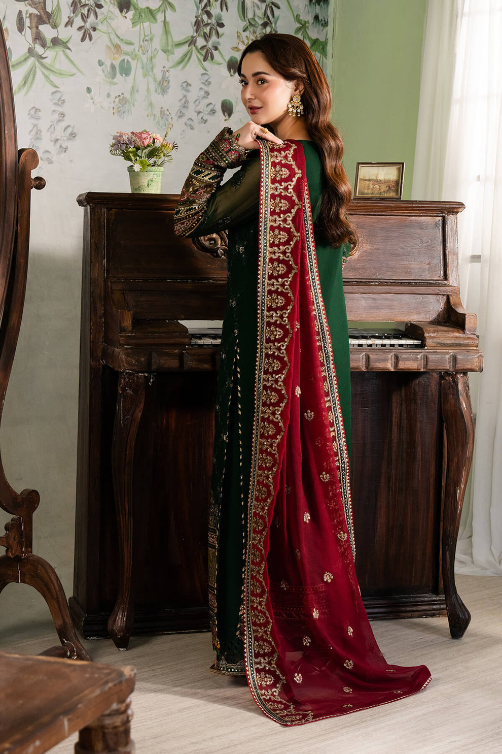 Dark Green & Red | Embroidered Chiffon | Luxury Pret | 3 Pc | Ready to Wear | IMROZIA