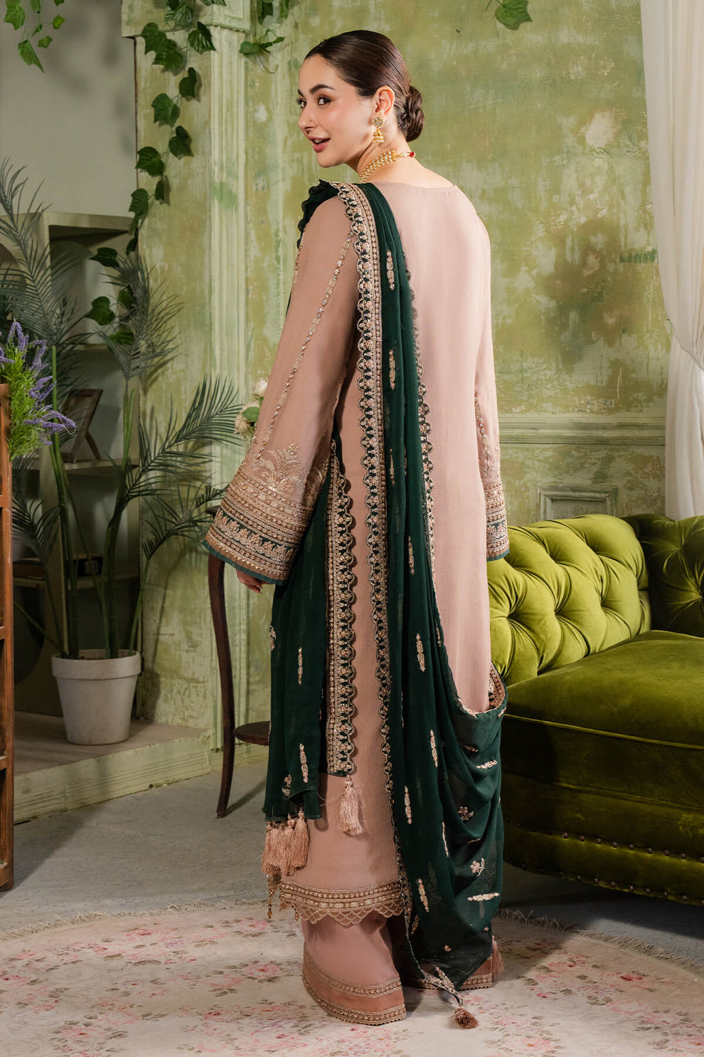 Pinkish Brown & Green | Embroidered Chiffon | Luxury Pret | 3 Pc | Ready to Wear | IMROZIA