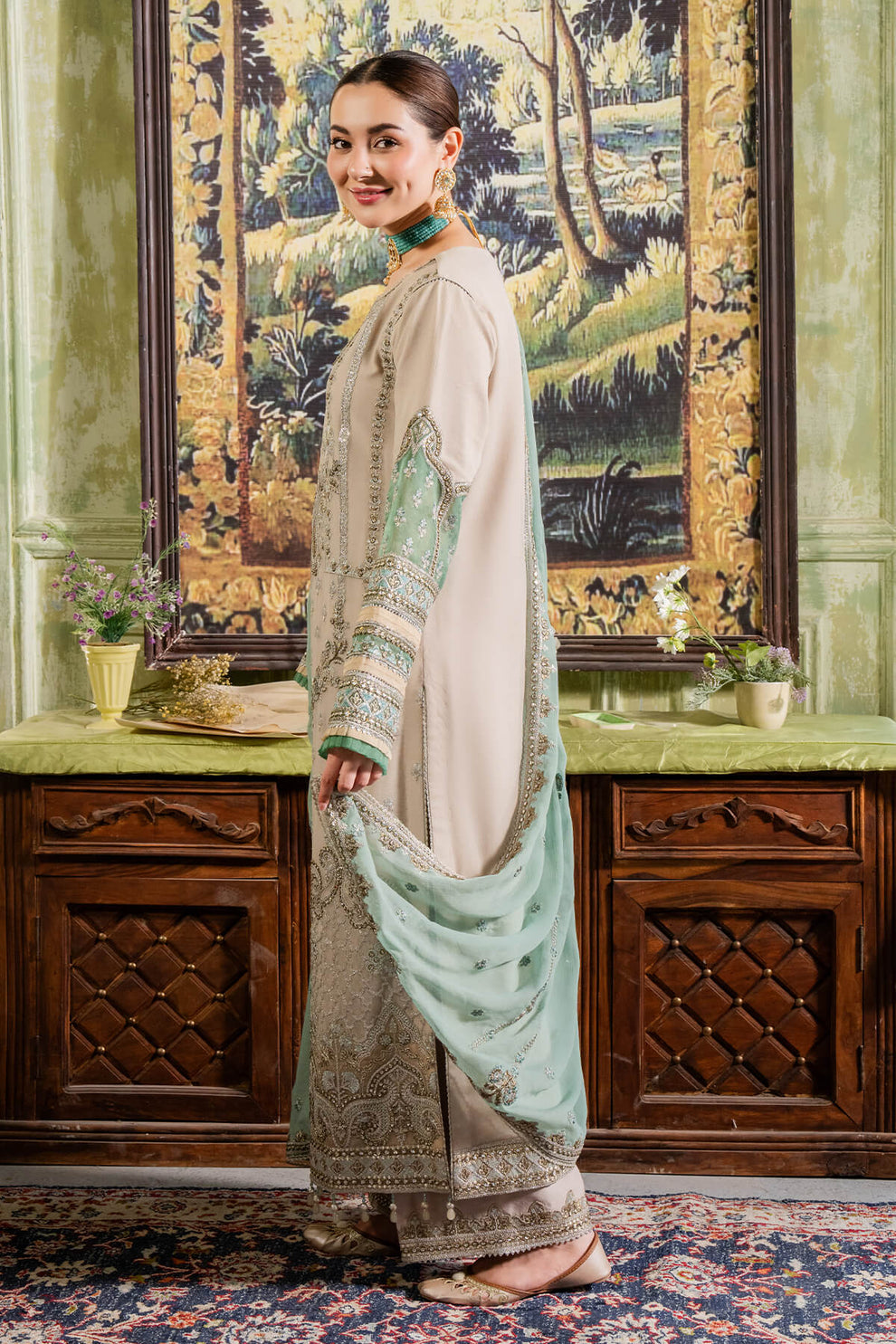 Cream & Mint | Embroidered Chiffon | Luxury Pret | 3 Pc | Ready to Wear | IMROZIA