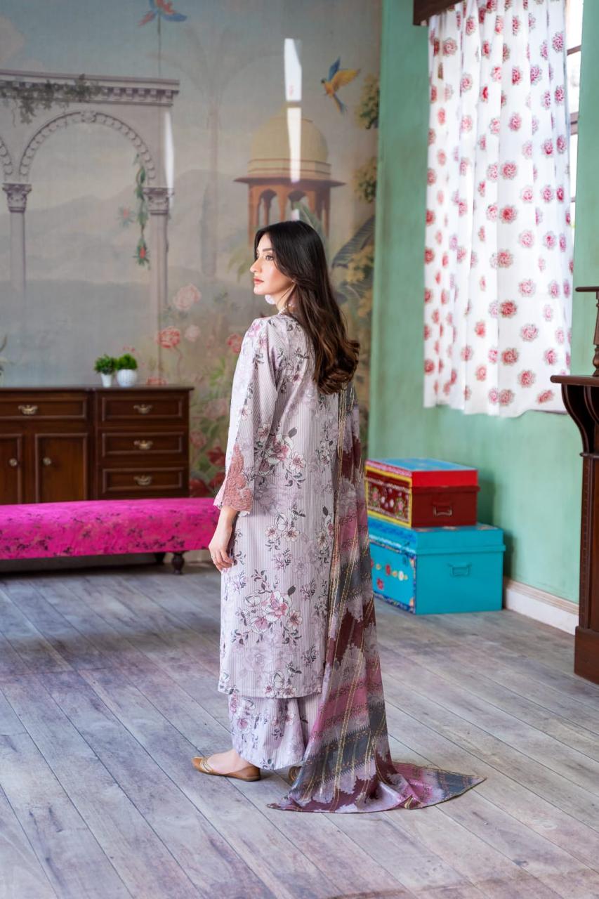 (Light Lavender) Embroidered 3 Pc Lawn Dress-Raniya.h