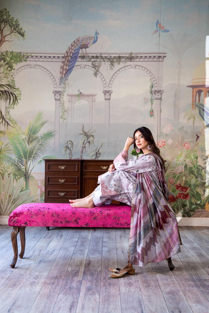 (Light Lavender) Embroidered 3 Pc Lawn Dress-Raniya.h