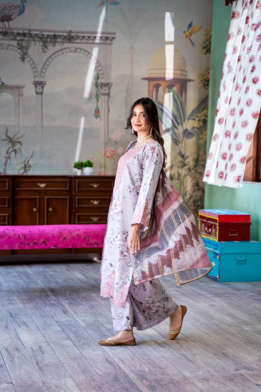 (Light Lavender) Embroidered 3 Pc Lawn Dress-Raniya.h