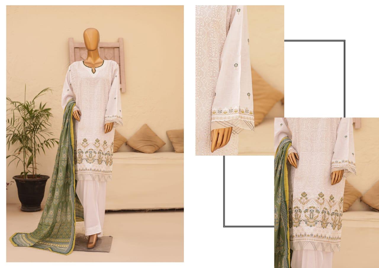 (White with Green) Chikenkari Lawn 3 Pc-Naubahar