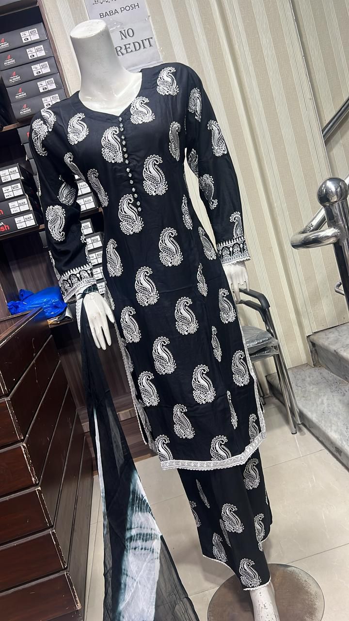 Embroidered Linen Plazo Kameez Dress & Chiffon Dupatta UMNAA
