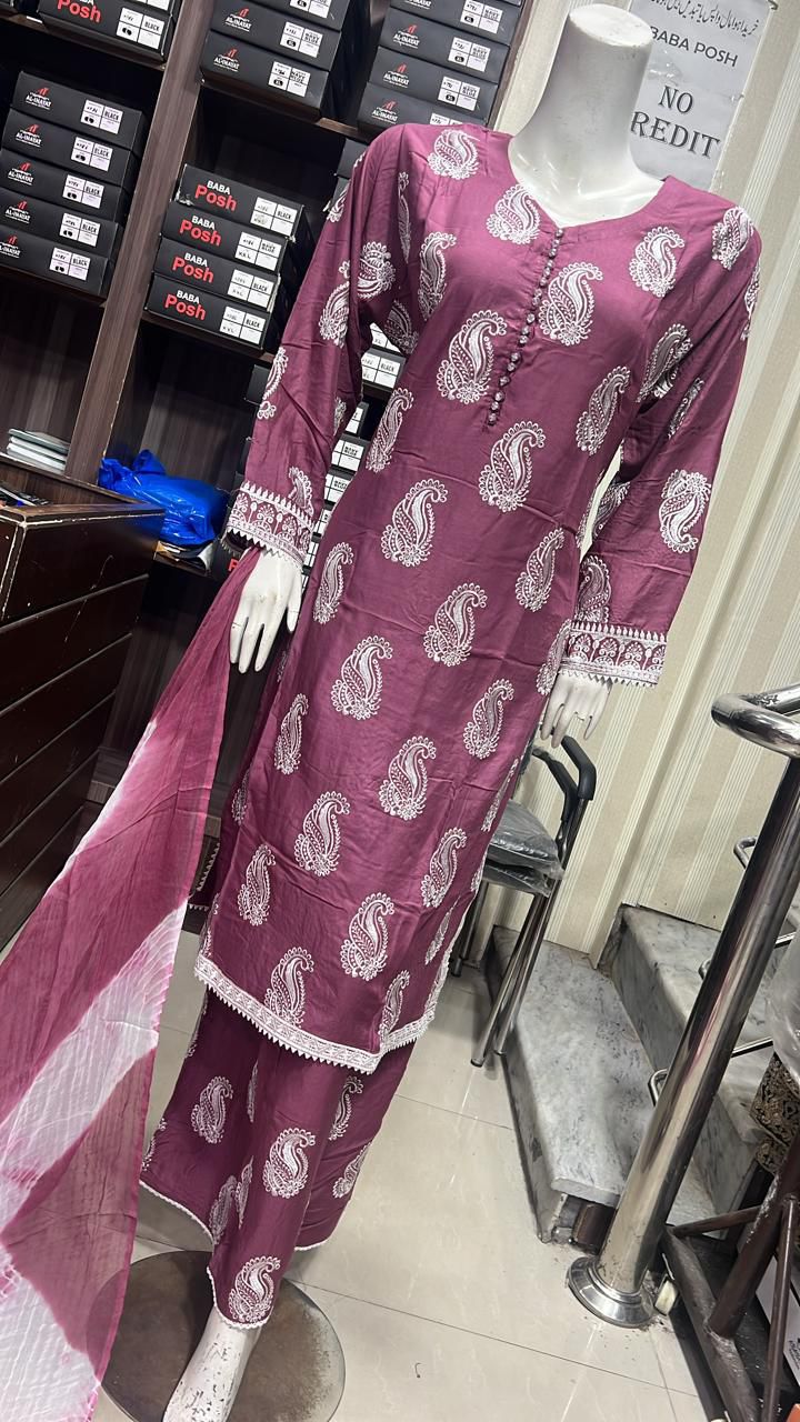 Embroidered Linen Plazo Kameez Dress & Chiffon Dupatta UMNAA
