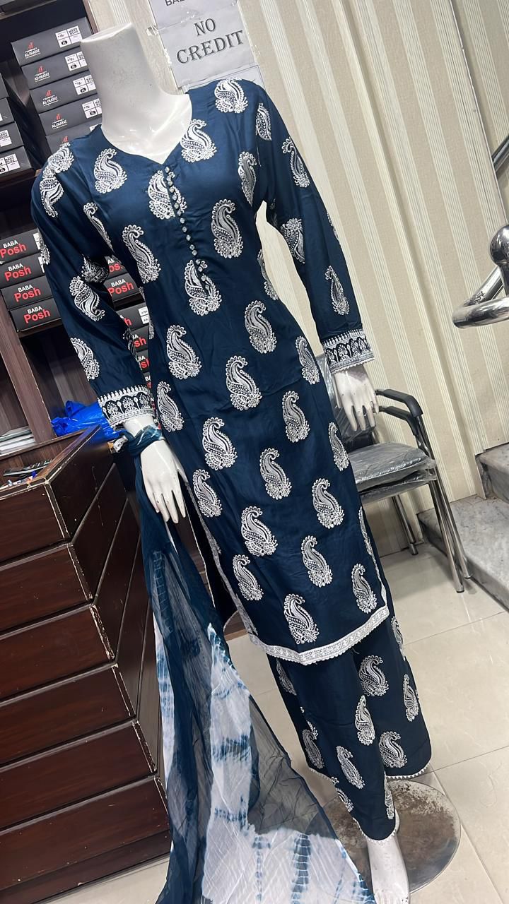 Embroidered Linen Plazo Kameez Dress & Chiffon Dupatta UMNAA