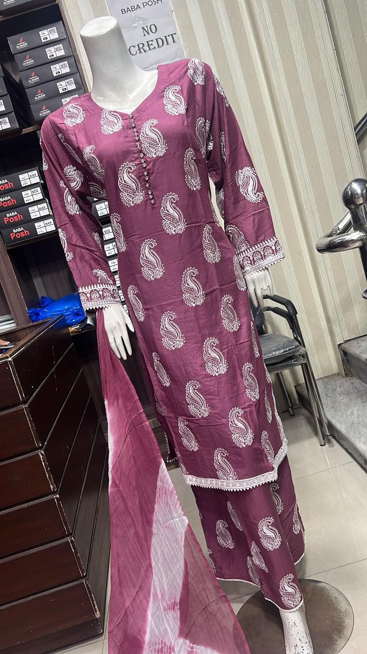 Embroidered Linen Plazo Kameez Dress & Chiffon Dupatta UMNAA