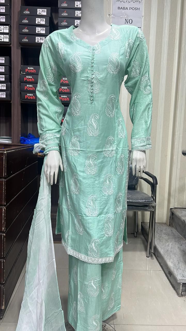 Embroidered Linen Plazo Kameez Dress & Chiffon Dupatta UMNAA
